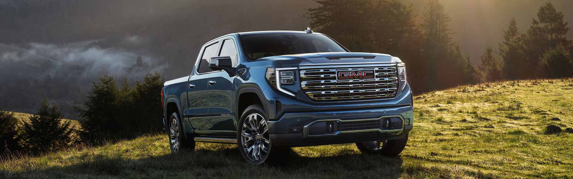 Blue GMC Sierra Denali pickup truck parked on a grassy hill during sunset.